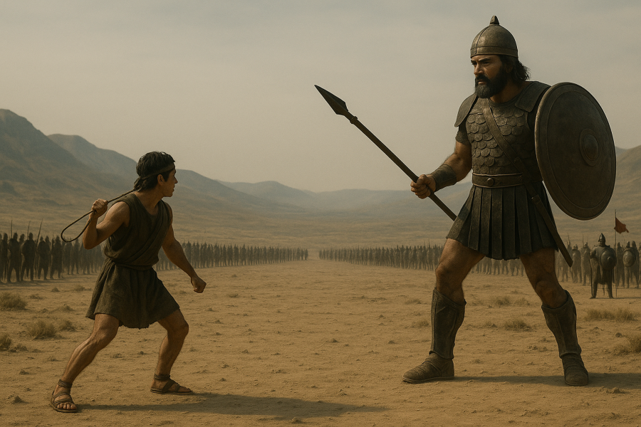 Image de David contre Goliath illustrant la légitime défense et le principe de guerre juste dans la Bible